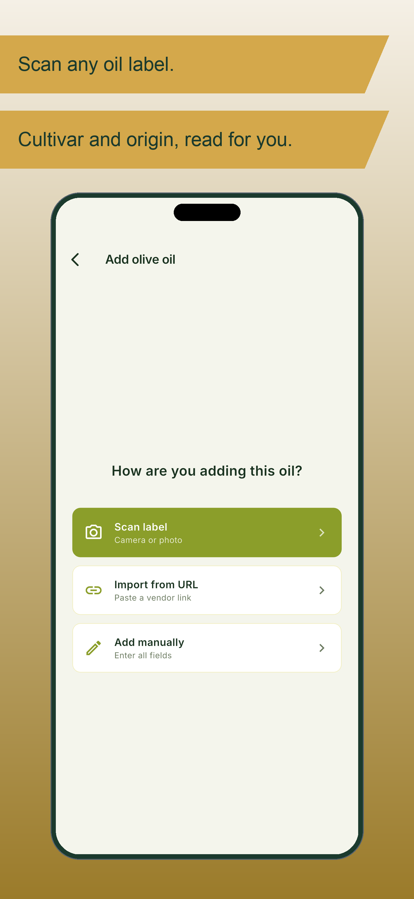 Add an oil by scanning the label, importing a link, or entering manually